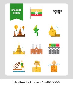 Myanmar icon set 1. Include flag, landmark, people, culture and more. Flat icons Design. vector