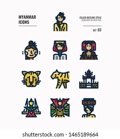 Myanmar icon set 3. Include landmark, people, animal, culture and more. Filled Outline icons Design. vector