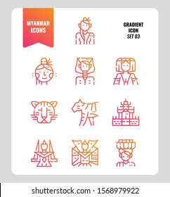 Myanmar icon set 3. Include landmark, people, animal, culture and more. Gradient icons Design. vector