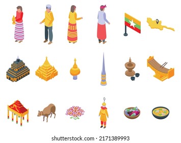 Myanmar icons set isometric vector. Burma landmark. Architecture temple