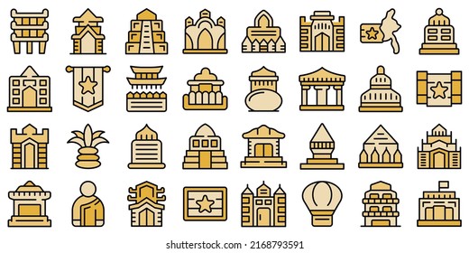 Myanmar icons set outline vector. Burma yangon. Map architecture thin line color flat on white
