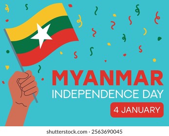 myanmar independence day 4 january, myanmar flag in hand. Greeting card, poster, banner template	