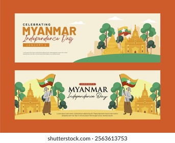 Myanmar independence day 4th January 2025 banner set with culture illustration. Exclusive Myanmar background vector illustration. 
