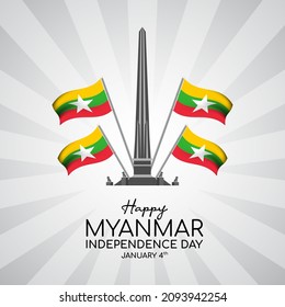 Myanmar independence day background with independence monument and flag