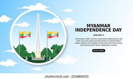 Myanmar independence day background with photo of independence monument garden and flag