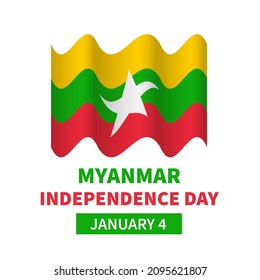 Myanmar Independence Day lettering with flag. National holiday celebrated on January 4. Vector template for typography poster, greeting card, flyer, banner, etc.