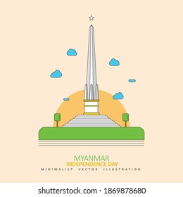 Myanmar Independence Day, National Independence Monument in Maha Bandula Park, Yangon, Myanmar, Minimalist Flat Vector Illustration