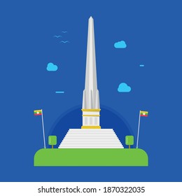 Myanmar Independence Day, National Independence Monument in Maha Bandula Park, Yangon, Myanmar, Modern Flat Vector Illustration