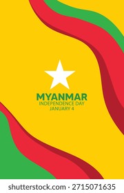 Afiche del Día de la Independencia de Myanmar con colores nacionales y Elementos patrióticos simbólicos