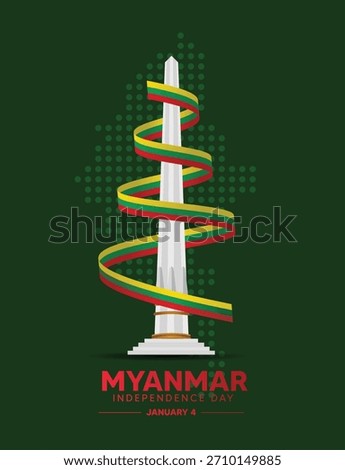 Myanmar Independence Day Poster Featuring Traditional Monument and Decorative Ribbon on Green Background