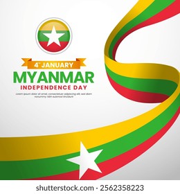 Myanmar independence day square banner background for national celebration with ribbon flag