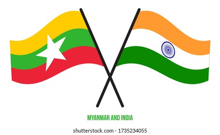 Myanmar and India Flags Crossed And Waving Flat Style. Official Proportion. Correct Colors.