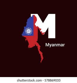 Myanmar Initial Letter Country with Map and Flag Vector