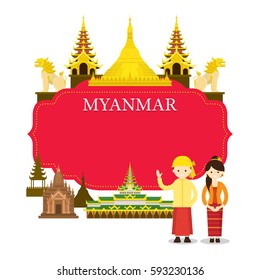 Myanmar Landmarks, People in Traditional Clothing, Frame, Culture, Travel and Tourist Attraction