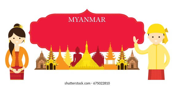 Myanmar Landmarks and people in Traditional Clothing, Culture, Travel and Tourist Attraction