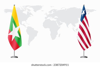  Myanmar and Liberia flags for official meeting against background of world map.