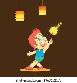 Myanmar Lighting Festival, Thadingyut or Tazaungdaing Festival Celebration Concept Design, Cute Boy Character Playing with a Firework and Lanterns Vector Illustration