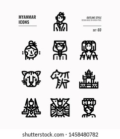Myanmar line icon set 3. Include landmark, people, animal, culture and more. Outline icons Design. vector