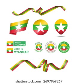 Myanmar  made in logo. Set of design flags label icon, stripes, ribbons