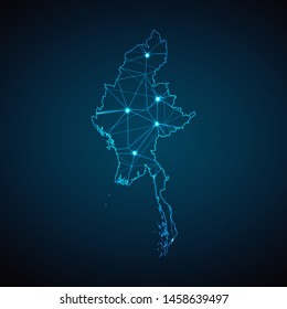 Myanmar Map - Abstract geometric mesh polygonal network line, structure and point scales on dark background with lights in the form of cities. Vector illustration eps 10.
