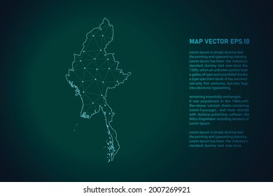 mapa de myanmar. Resumen de la línea de purga y las escalas de puntos en el fondo oscuro. Línea de red poligonal de malla 3D, esfera de diseño, punto y estructura. Ilustración vectorial eps 10.