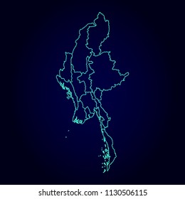 Myanmar map: blue glitter outline with sparkling stars on dark background. Detailed map of Myanmar. Vector illustration.