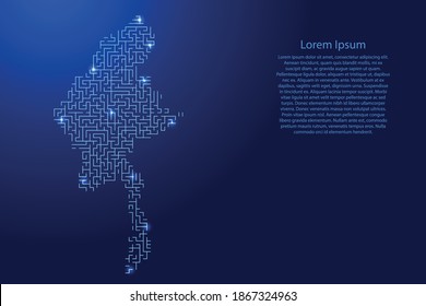 Myanmar map from blue pattern of the maze grid and glowing space stars grid. Vector illustration.