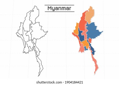 Myanmar map city vector divided by colorful outline simplicity style. Have 2 versions, black thin line version and colorful version. Both map were on the white background.