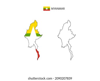 El vector de la ciudad del mapa de Myanmar dividido por el estilo de simplicidad del contorno. Tiene 2 versiones, versión de línea delgada negra y color de la versión de bandera de país. Ambos mapas estaban en el fondo blanco.