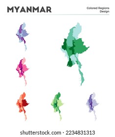 Mapa de Myanmar. Fronteras de Myanmar para su infografía. Regiones de países de colores. Ilustración vectorial.