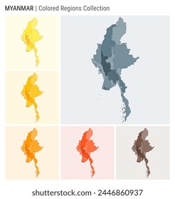 Myanmar map collection. Country shape with colored regions. Blue Grey, Yellow, Amber, Orange, Deep Orange, Brown color palettes. Border of Myanmar with provinces for your infographic.