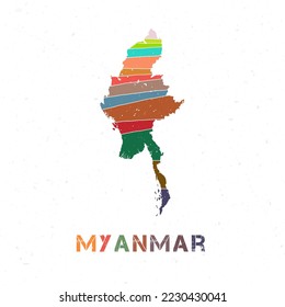 Myanmar Map Design. Gestalt des Landes mit schönen geometrischen Wellen und Grunge-Textur. Lebhafte Vektorgrafik.
