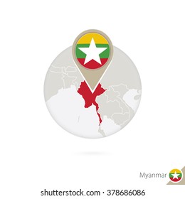 Myanmar map and flag in circle. Map of Myanmar, Myanmar flag pin. Map of Myanmar in the style of the globe. Vector Illustration.