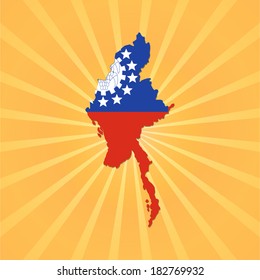 Myanmar map flag on sunburst illustration