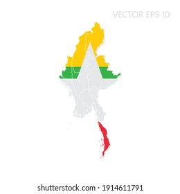 Myanmar map with flag and shadow isolated on white background. Vector illustration EPS10.