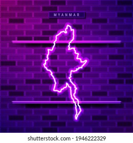 Myanmar map glowing neon lamp sign. Realistic vector illustration. Country name plate. Purple brick wall, violet glow, metal holders.