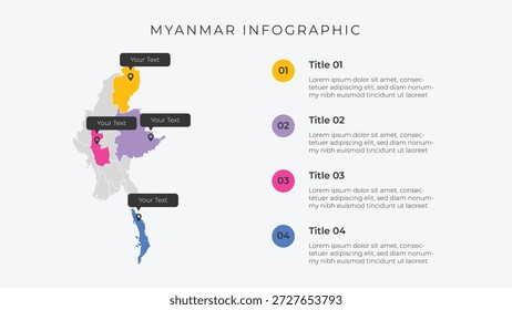 Infografik-Vorlage für die Landkarte von Myanmar mit 4 Optionen. Infografik der Verwaltungskarte von Myanmar zur Präsentation.