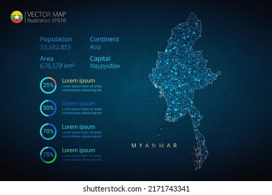 Myanmar map infographics vector template with abstract geometric mesh polygonal light concept on blue background. Template for diagram, graph, presentation and chart.