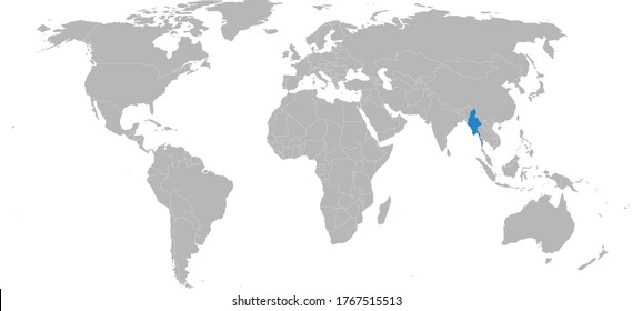 Mapa de Myanmar aislado en el mapa del mundo. Fondo gris claro. Conceptos de negocio y fondos de pantalla.
