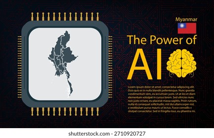 myanmar map with microchip war and AI concept on circuit board, Power of AI with country map. Global connectivity with big data. Design for UI backgrounds or FinTech projects.