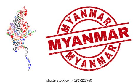 Myanmar map mosaic and textured Myanmar red circle stamp. Myanmar stamp uses vector lines and arcs. Myanmar map mosaic contains gears, houses, wrenches, suns, hands, and more symbols.