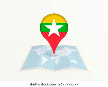 Landkarte von Myanmar Pin mit Nationalflagge auf Open World Map. Perfekt für den Einsatz in Reiseführern, geografischen Inhalten, globalen Positionierungskonzepten und internationalen Geschäftsthemen.