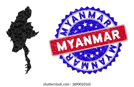 Myanmar kartografiert polygonale Maschen mit gefüllten Dreiecken und rauer Bicolor-Stempeldruck. Triangle mosaic Myanmar Karte mit einem maschigen Vektormodell, Dreiecke haben unterschiedliche Größen, Positionen und Farbtöne.
