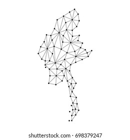 Myanmar map of polygonal mosaic lines network, rays and dots vector illustration.