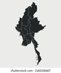Myanmar map with regions isolated on white background. Map of Myanmar. Vector illustration