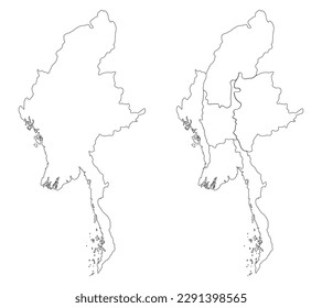Myanmar map set with white-black on transparent background