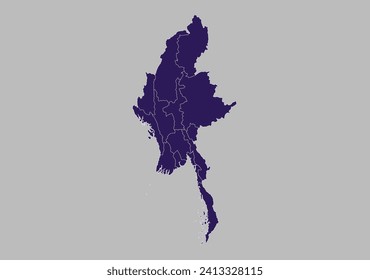 Myanmar map vector, Blue purple color isolated on gray background.