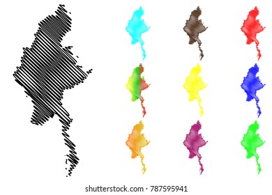 Myanmar map vector illustration, scribble sketch Republic of the Union of Myanmar, Burma, 