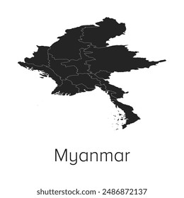 Myanmar Map Vector Illustration - Silhouette, Outline, Myanmar Travel and Tourism Map