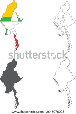 Myanmar Map Vector Set - Political, Outline, Flag and Solid Styles